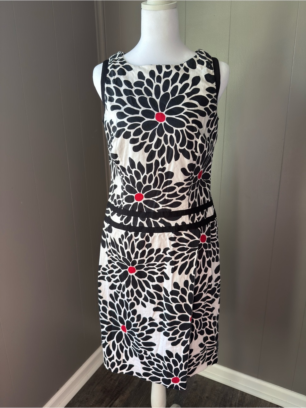 Talbots Black & White Floral Midi Dress with Red Accents